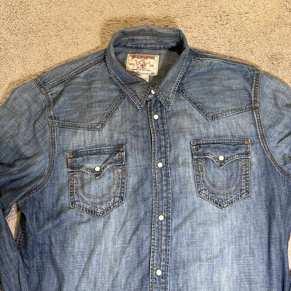 True Religion Jake Denim‎ Western Shirt Mens Blue Pearl Snap LS 3XL (Fits XL)